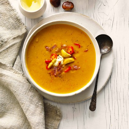 Spicy chestnut, pumpkin and pancetta soup